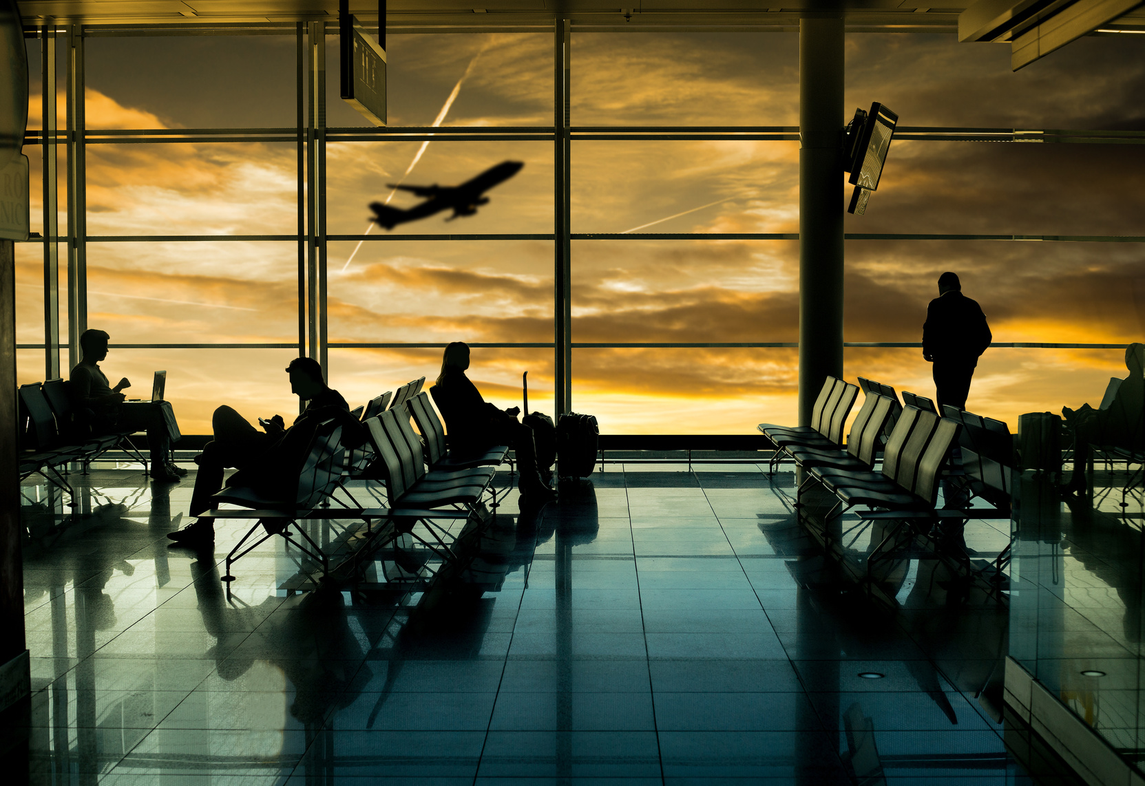 Airport terminal ,passenger wait for transportation with silhouette concept.